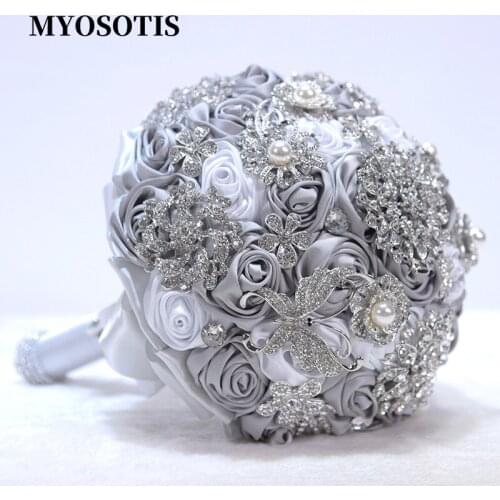 European Noble Gray White Satin Roses Flower Wedding Bouquet Rhinestones Beaded Diamond Bridal Hand Bouquet Party Birthday Gift