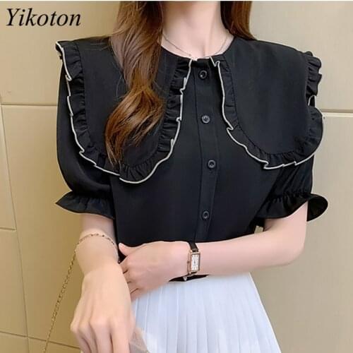 Korean Work Office Blouses Ladies White Blouse Doll Collar Puff Short Sleeve Slim Blusas Summer 2021 New Women Shirt Bow Tops