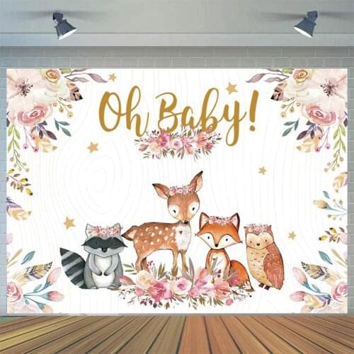 Oh Baby Safari Woodland Backdrop Animals Jungles Newborn Baby Shower Photo Background Vinyl Cake Table Banner Party Supplies