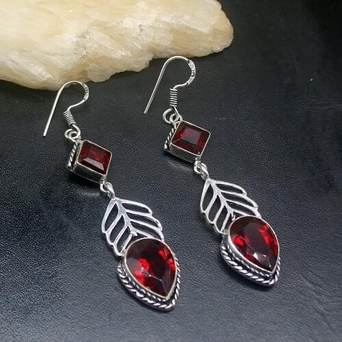 Gemstonefactory Big Promotion 925 Silver Vintage Fashion Red Garnet Women Ladies Gifts Dangle Drop Earrings 20212152