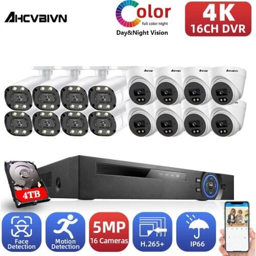 5MP 16PCS CCTV Camera Full Color Night Vision 16CH 4K DVR Security Camera System Set XMEYE Video Surveillance AHD System Kit 8CH
