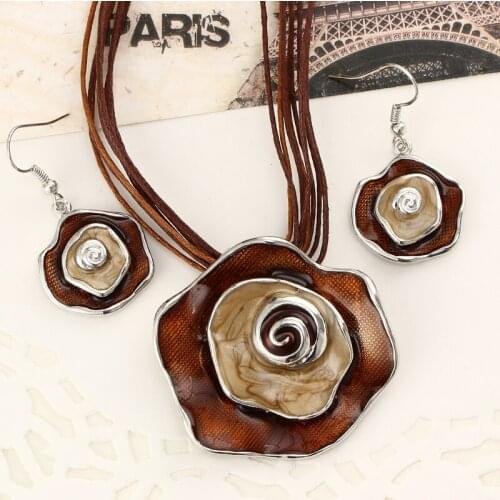 ZOSHI African Ethnic Retro Enamel Jewelry Sets Silver Folowers Necklace + Earrings Wedding Sets Wholesale Summer Jewelry Set