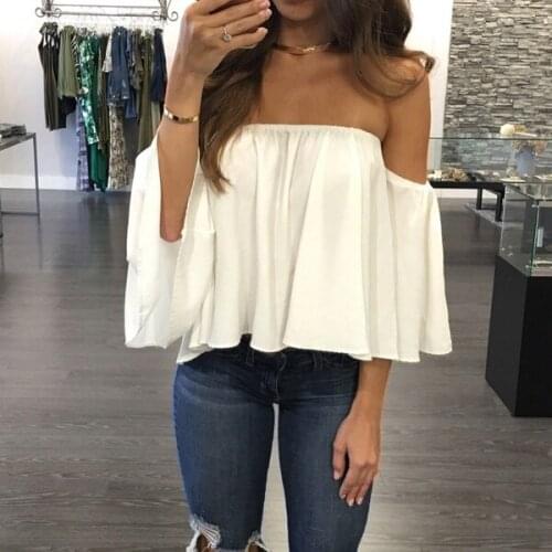 Hot Sale Fashion Women Summer Sexy Off Shoulder Ruffles Short Sleeve Blouse Crop Tops Stylish Slash Neck Short Clothes