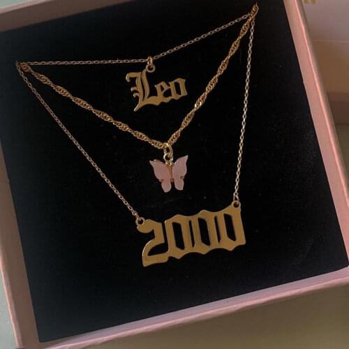 MultiLayer Leo constellation Letter Number Pendant Necklace For Women Men Acrylic Butterfly Gold Color Vintage 2021Jewelry Gifts