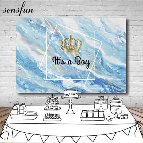 Sensfun Blue White Grey Tone Marble Backdrop For Photo Studio Gold Crown Boys Baby Shower Birthday Party Photography Background
