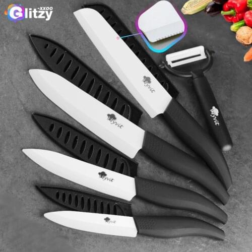 Ceramic Knife White Blade Zirconia 3 4 5 inch + 6 inch Kitchen Serrated Bread Knife + Peeler Set Chef Cooking Fruit Knife