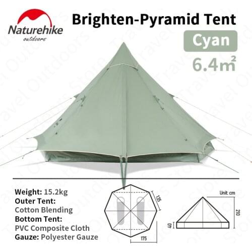 Naturehike 3-4 Person Cotton Pyramid Tent Brighten-6.4 Cotton Blending Breathable Waterproof 1000mm Windproof Outdoor Camping