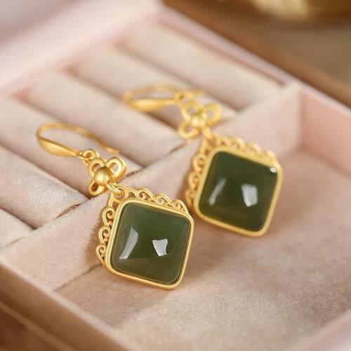 New S925 Sterling Silver Gold Plated Hetian Jade Gray Jade Personality Pattern Geometric Elegant Earrings for Women Eardrop Earr