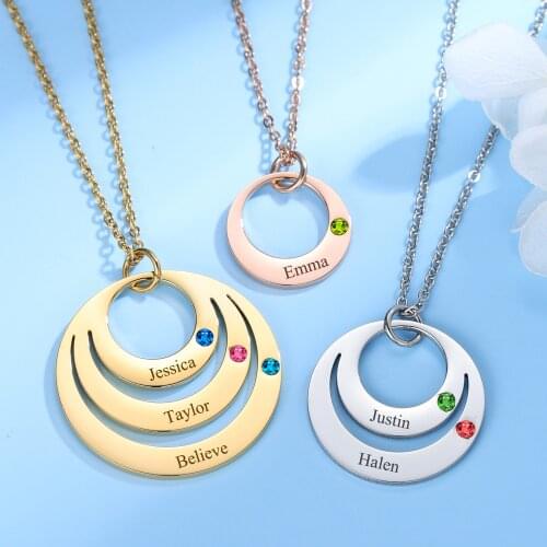 Personalized Engrave Round Pendant Necklace Custom Birthstone Name Necklace For Mom Stainless Steel Jewelry Mother Gift Collier