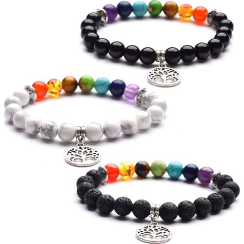 Lovers Tree of Life Charms 7 Chakras Beads Bracelet Howlite Black Lava & Bright Stone Rainbow Beads Stretch Yoga Strand Jewelry