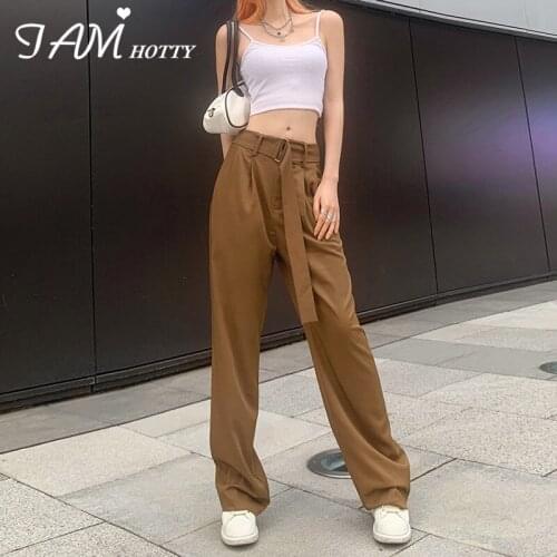 With Belt Wide Leg Straight Pants Women Vintage Sweatpants Joggers Casual Outfit Korean Style High Waist Pants Brown Iamhotty