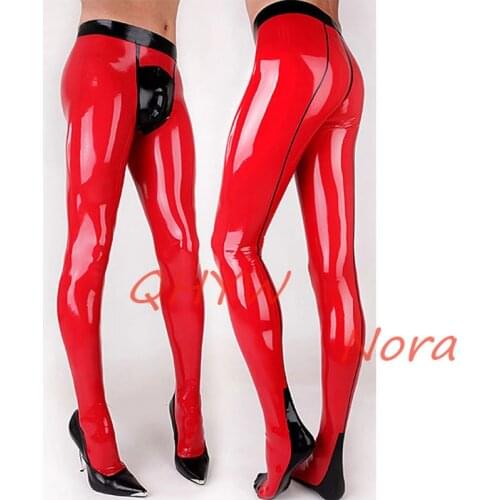 Sexy Silver Latex Men Pants with Socks Front Zipper Rubber Trousers Jeans Customize