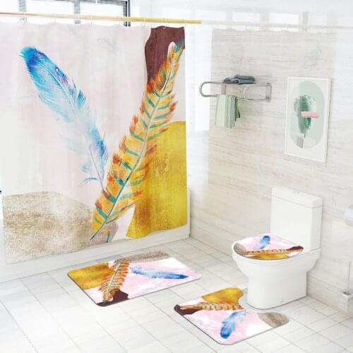 Modern Nordic Style Bathroom Carpet Rugs Abstract Feather Printing Bath Mats Set with Shower Curtain Bathroom Toilet Foot Mat