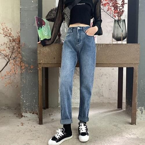 Loose Casual HarLan Jeans 2020 Female Elastic High waist Large Ankle-length trousers Mom Light Blue Plus Size Denim Pants Women