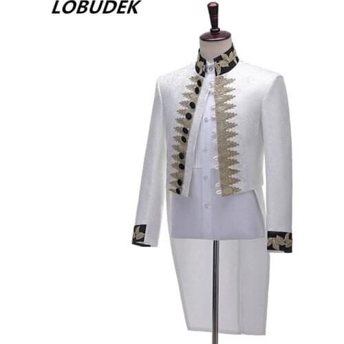 Swallowtail Vintage Court White Jacquard Blazer Embroidery Tailcoat Stage Men Singer Performance Drama Cosplay Costume Blazers