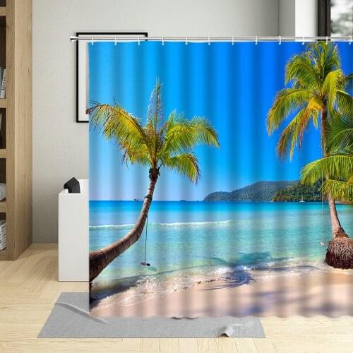 Summer Day Seaside Vacation Landscape Shower Curtain Sandy Beach Coconut Tree Blue Sky Chair Bathroom With Hook Waterproof