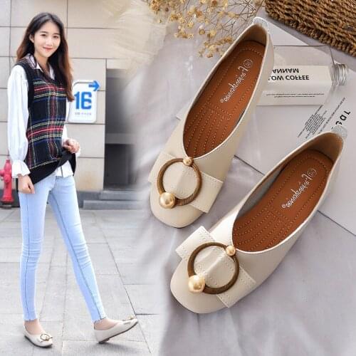 Women Pearl Flats Solid Leather Shoes Brand Metal Buckle Mary Jeans Comfy Moccasins Ladies Single Shoes Retro Square Toe Loafers