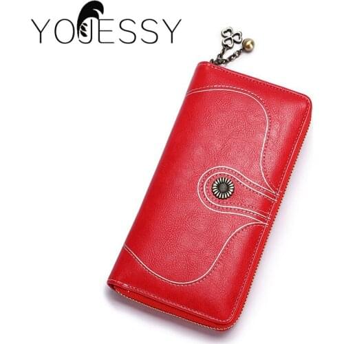 YOJESSY Retro Vintage Womens Clutch Leather Wallet Female Long Wallet Ladies Phone Zipper Purse Strap Money Bag Purse