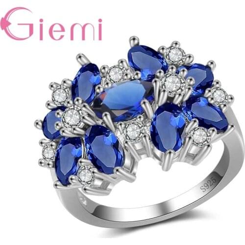 Delicate Flower Design 100% 925 Sterling Silver Rings For Women Anniversary Party Accessories Shiny Blue Anillos