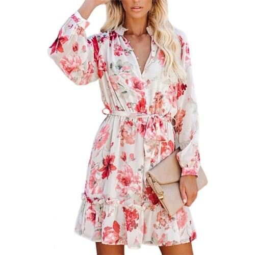 2021 New Autumn Women Dress Floral Print Lace-up Autumn V Neck Ruffles Hem Waist Tied Dress Office Party Vestidos