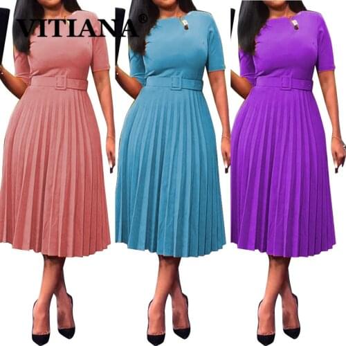 VITIANA Women Office Lady Pleated Dress Summer 2021 Female Short Sleeve O-Neck Purple Midi Dresses Femme OL Vestidos With Belt