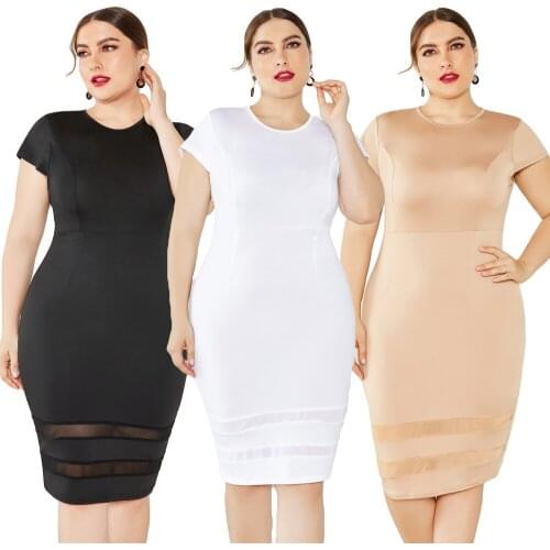 New Women Bodycon Dress Strech Mesh Patchwork Pullover Pencil Business Office Work Midi Dress Short Sleeve Solid Color Plus Size