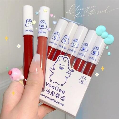 5pcs Lipstick Set Matte Velvet Cute Rabbit Lip Mud Lip Glaze Set Waterproof Long Lasting Non-stick Cup Lipstick Makeup Set TSLM1