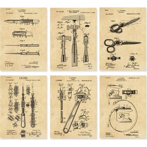 6 in 1 vintage patent art prints on tools hammer tap scissors wrench scroll driver wall decor unframed