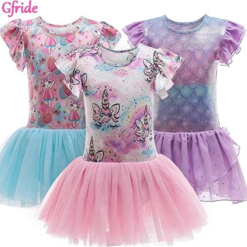 2021 Summer Princess Girl Unicorn Ballet Costume Mermaid Dress Ruffle Sleeve Kids Birthday Party Gown Piano Performance Clothing