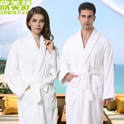 Top Brand stripe design white cotton bathrobes waste-absorbing thickening soft lovers bathrobe