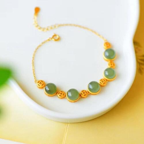 Natural Hetian Jade Gray Jade Bracelet Inlaid S925 Sterling Silver Bracelet Ancient Gold Hollow Copper Coin Connection Bracelet