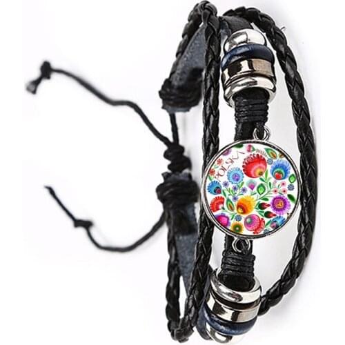 Ethnic Polish Folk Art Pattern Glass Cabochon Leather Bracelet Bohemia Fashion Flower Print Round Jewelry Bangle For Women Men