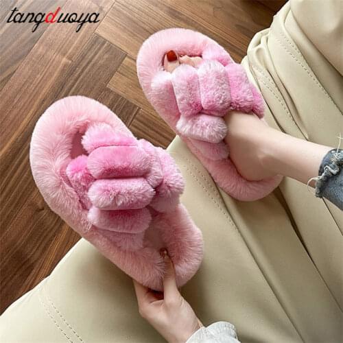 House Women Furry Slippers Winter Soft Faux Fur Warm Flats Rubber Sole Non Slip Home Slides Luxury Casual Shoes Ladies Female