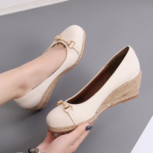 Espadrilles Womens Wedge Sandals 2021 Spring Autumn New Metal Button High Thick-heeled Platform Shoes Womens Straw