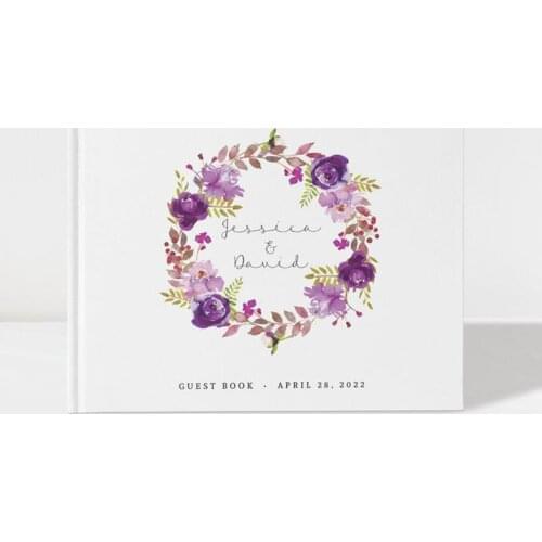 Personalized Wedding Guest Book Alternative Party Purple Guestbook Floral Flower Custom Any Languages Photo Album Calligraphy