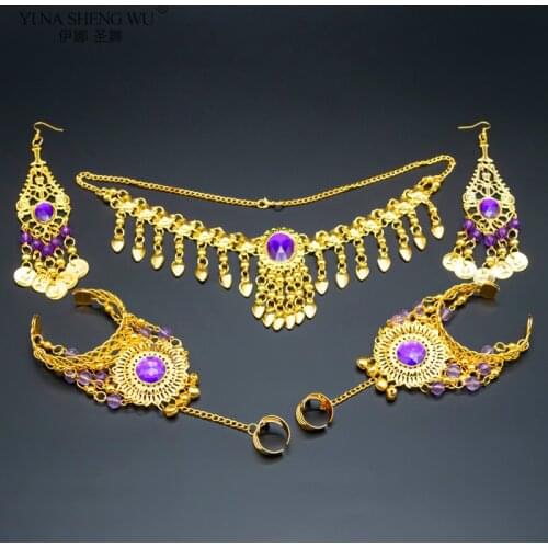 Indian Belly Dancing Accessories 5pcs Set Women Belly Dance Rhinestone Necklace Earrings Bracelet Set Bellydance Accessory