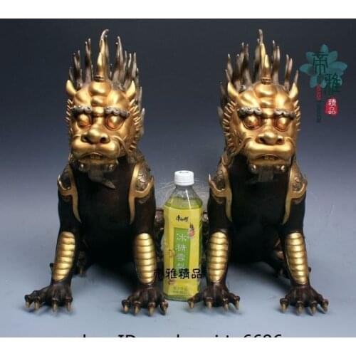 China Palace Bronze 24K Gold Gild Silver Dragon Foo Dog Lion Kirin kylin Statue