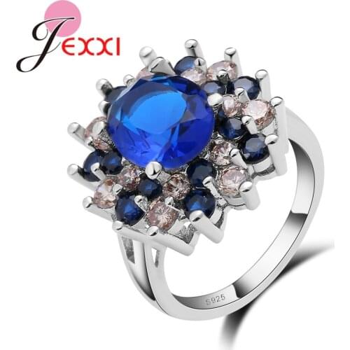 Trendy 925 Sterling Silver Ring Blue Flower-Shape Luxury Austrian Crystal Romantic Engagement Wedding Ring For Women