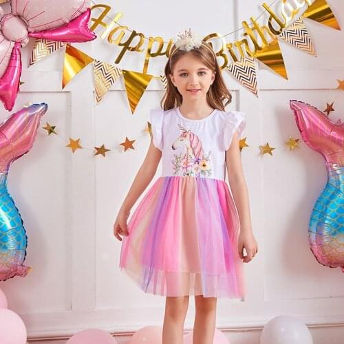 Cute Girls Summer Unicorn Dresses Children Squin Short Sleeve Knee Length Causal Mesh Rainbow O-neck Cotton Party Dress for Kid
