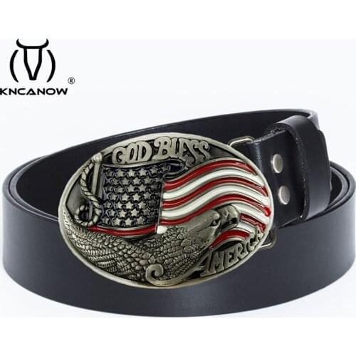 Mens Casual Belts Genuine Leather Luxury American Flag Gold Silver Eagle Buckle Solid Pattern Leisure Cinto Strap Belt For Male
