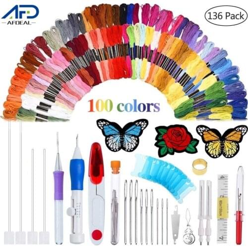 136pcs/set Magic Patterns Embroidery Kit Punch Needle Craft Tool Cross Stitch Pen Set Threads for DIY Sewing Accessories