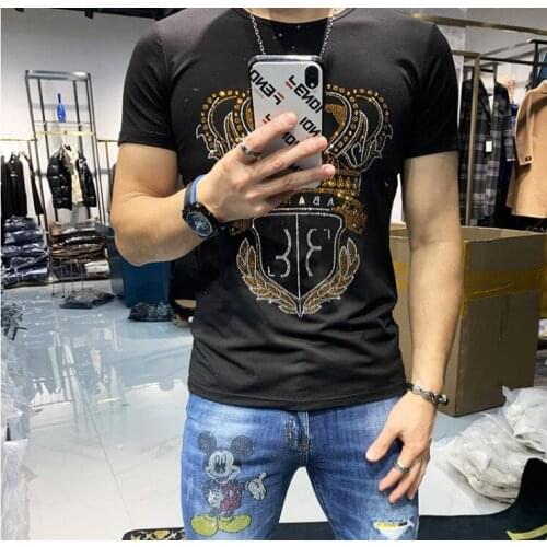 2020 new Rhinestones top quality T Shirts Mens Fashion Clothing Streetwear Short Sleeve O Neck 100% Cotton