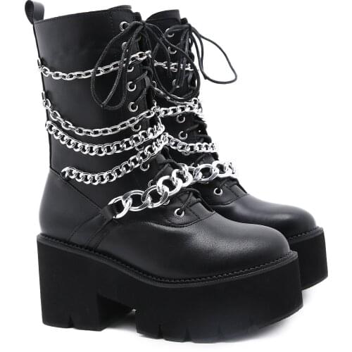 New Arrival Womens Mid Calf Platform Boots Chain Detail Heels Shoes Lace Up Big Size 40 41 42 qq046