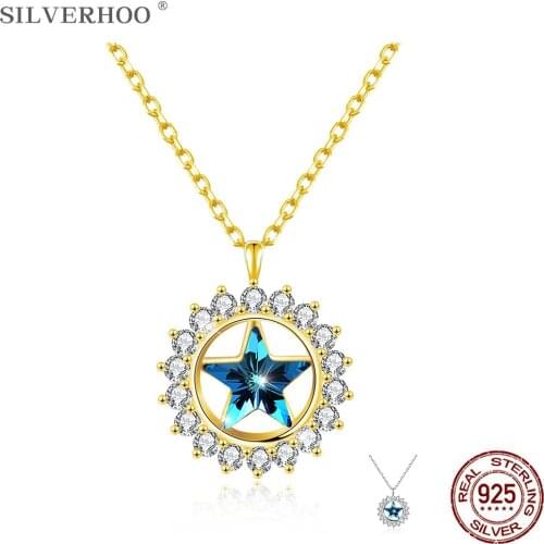 SILVERHOO 925 Sterling Silver Necklace Austria Crystal Star Round Snowflake Pendant Popular Famales Birthday Gifts Fine Jewelry