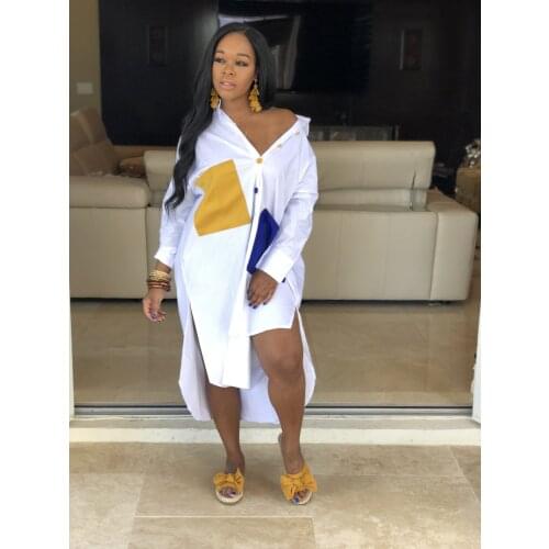 Plus Size Long Sleeve Shirt Dress Women Casual Summer Dress Patchwork Pocket Button Oversize High Low Asymmetrical T Shirt Dress