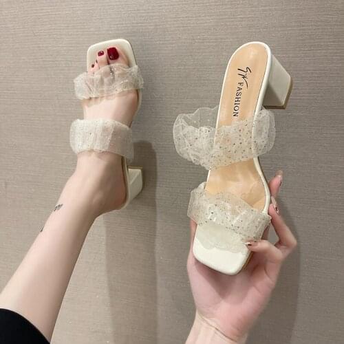 Newly Arrived Transparent Mesh High Heels Women Square Toe Sandals Summer Shoes Woman Clear High Pumps Wedding Heels Slippers