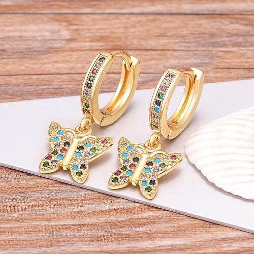 Korean New Fashion Luxury Butterfly Shape Zircon Earrings Rainbow Color Hoop Dangle Earings Jewelry For Woman Cute Birthday Gift