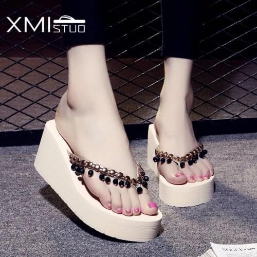 XMISTUO slippers women Beautiful brand wedges high-heeled flop flops thick soled gril string bead Students summer slippers