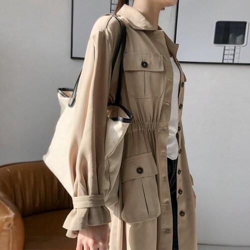 2020 Spring Trench Long Gothic Coat Women Fashion Womens Mid-length New Khaki Waist Coat Office Lady Windbreaker