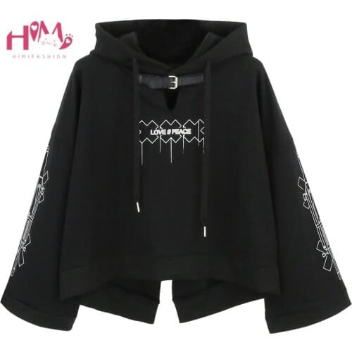 Harajuku Streetwear Oversized Hoodies Women Punk Gothic Kawaii Black Short Sweatshirts Teen Girls Funny Graphic Cropped Pullover